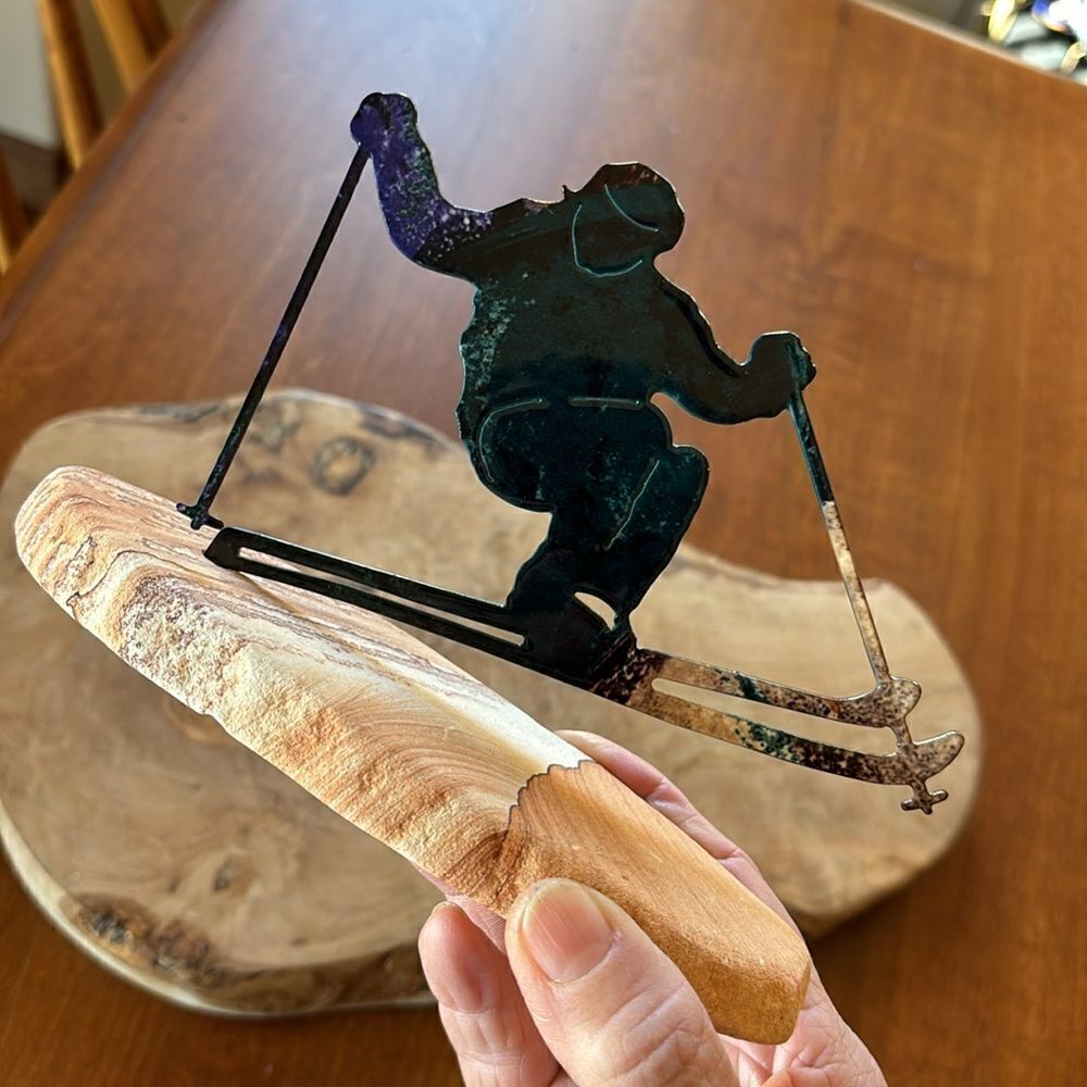 LazArt Metal Art Snow Skier Sculpture Figurine w Sandstone Rock Base